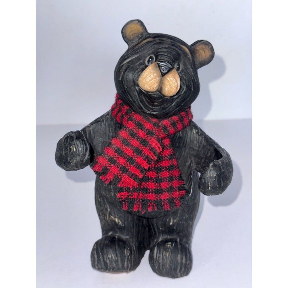Black Bear shaker holder Figurine with Red Plaid Scarf